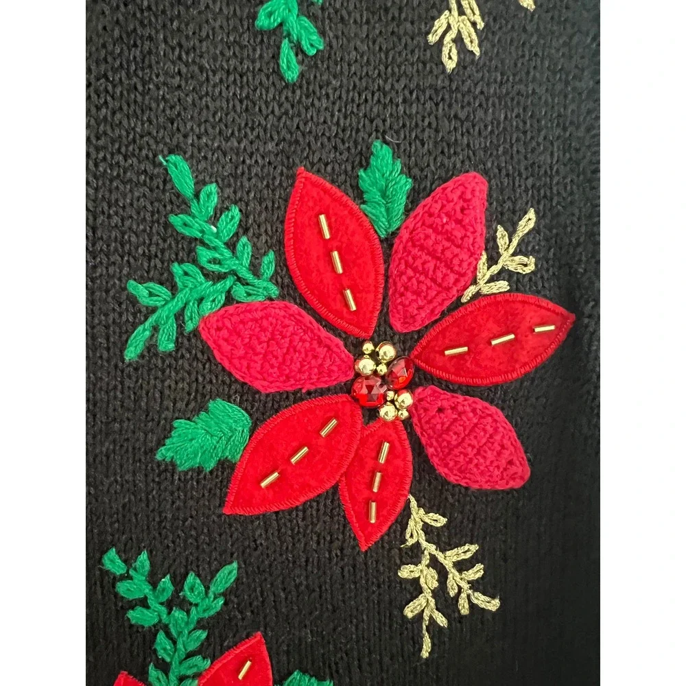 Bobbie Brooks Christmas Sweater Vest Large Black Poinsettia Beaded Holiday‎ - Picture 4 of 8